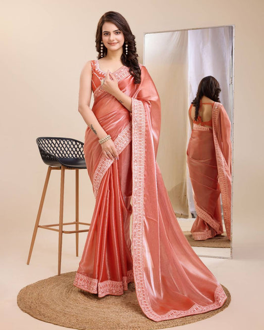 Preety Premium Soft Zimmy Chu Party Wear Peach Color Saree.