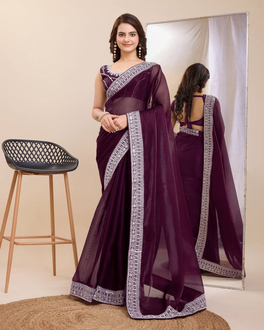 Premium Soft Zimmy Chu Wine Color Saree.