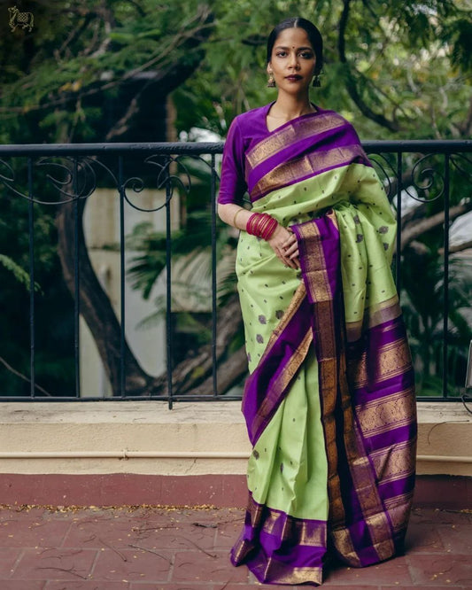 Gorgeous look Banarasi Soft Silk Pista Color Saree.