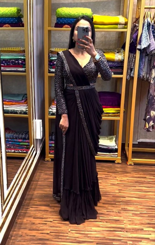 Party Wear Ready To Wear Black Saree.