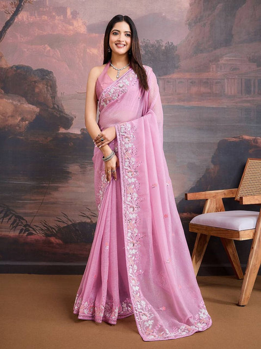 Pretty Rust Pink Crunchy Soft Organza Saree Collection.
