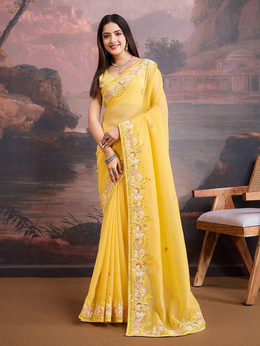 Party Wear Special Crunchy Soft Organza Yellow Saree Collection.
