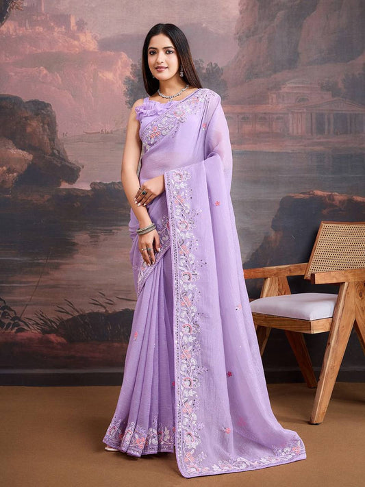 Most Trendy Designer Crunchy Soft Organza Lavender Saree Collection.