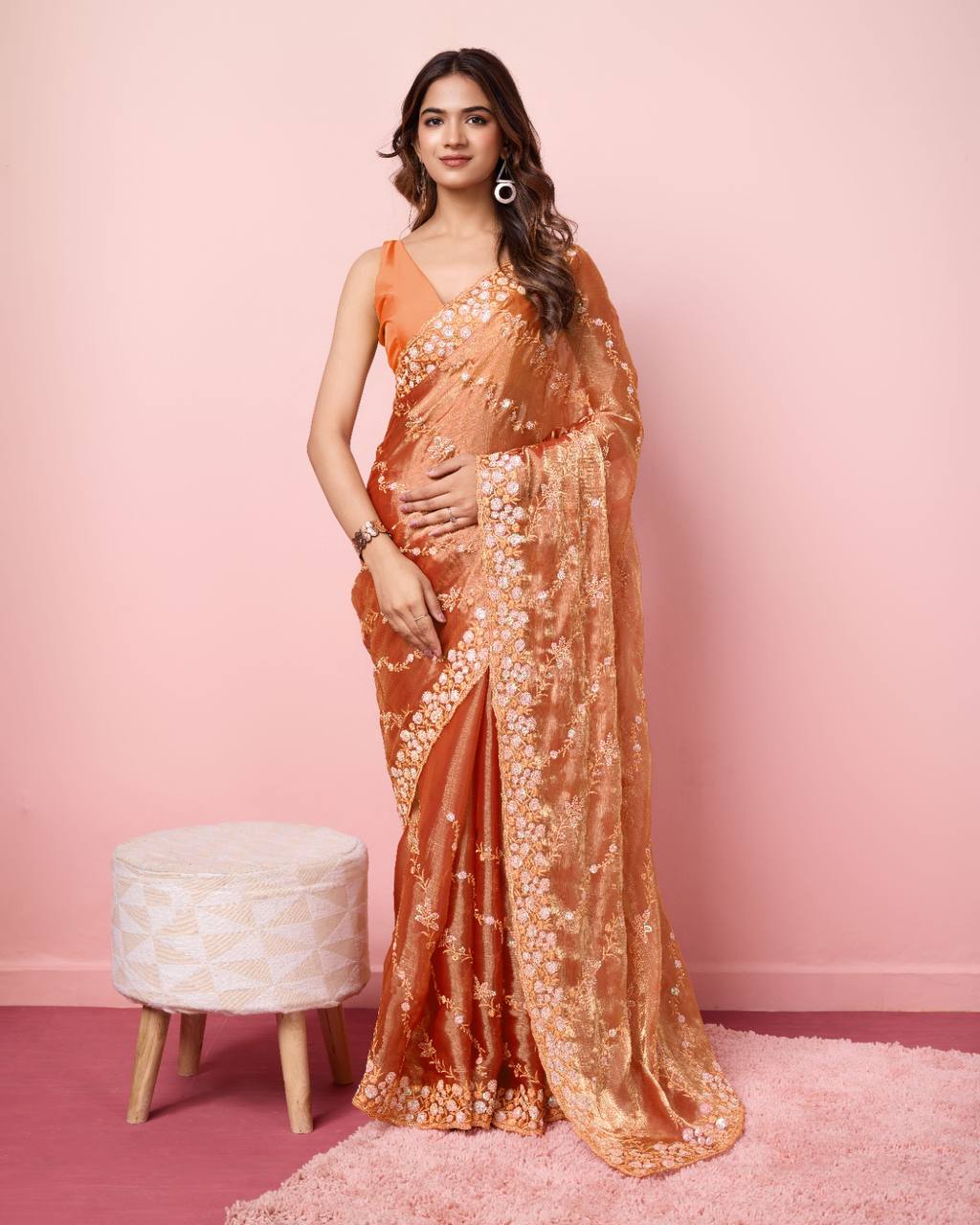 Premium Soft Burberry Silk With Sequence Embroidery Work Saree.