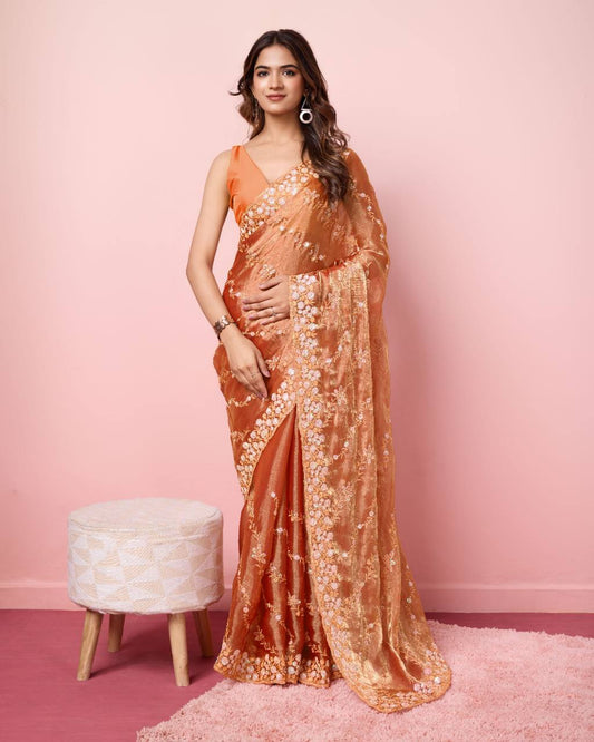 Premium Soft Burberry Silk With Sequence Embroidery Work Saree.