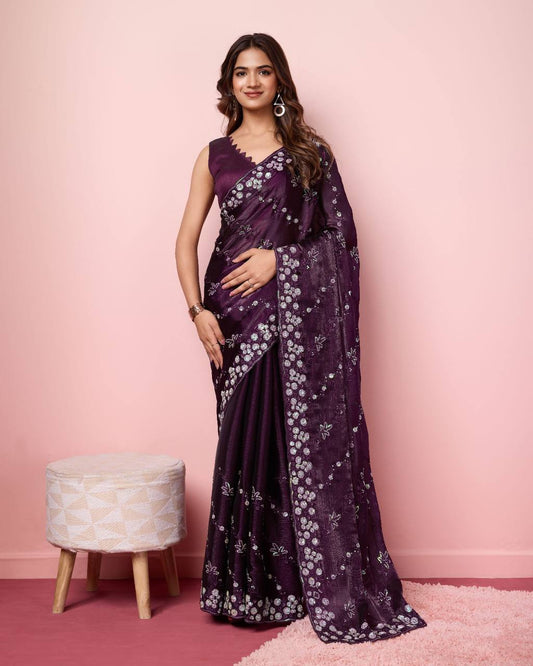 Trendy Collection Soft Burberry Silk Sequence Embroidery Work Wine Color Saree.