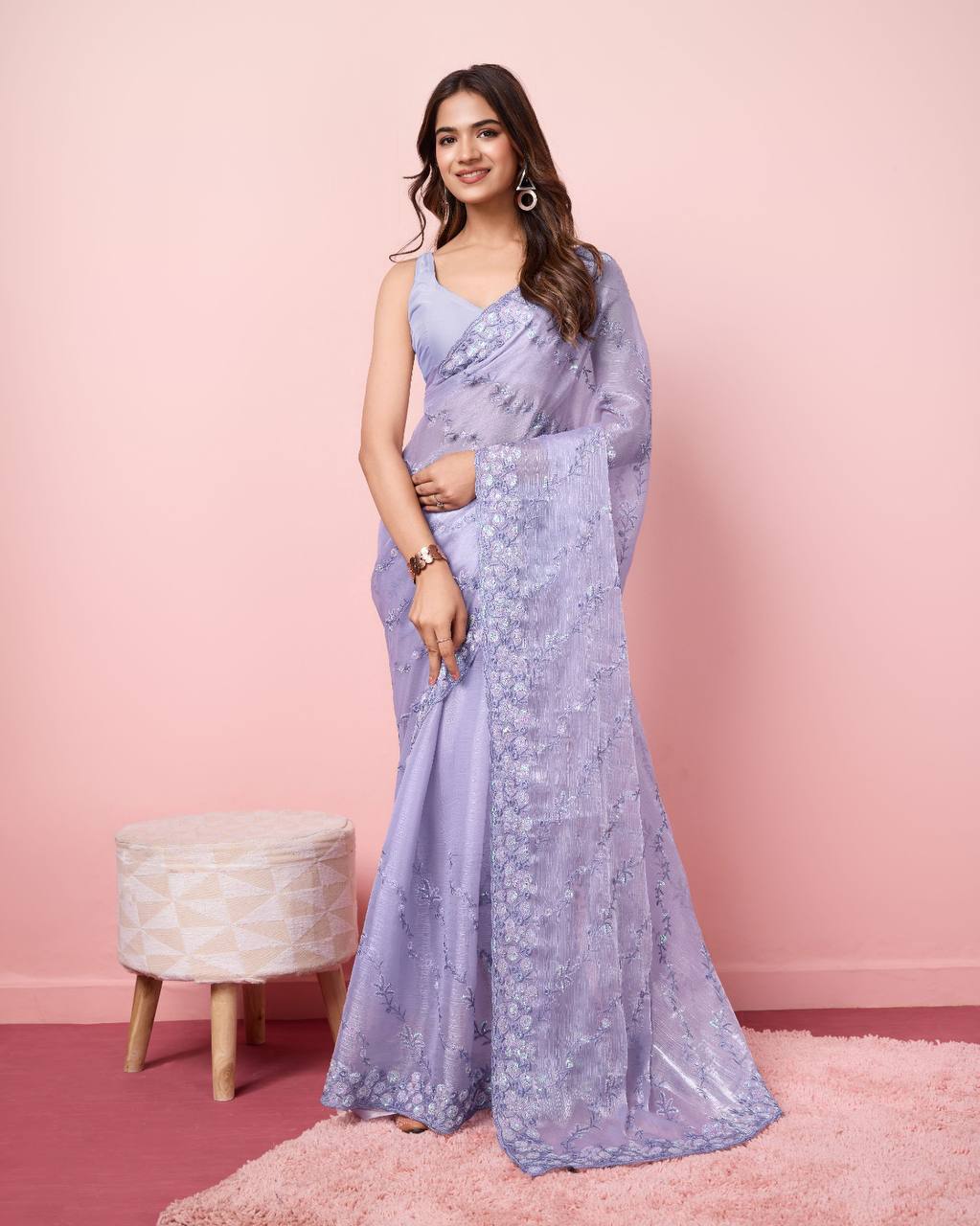 Latest  Wedding Special Collection Soft Burberry Silk Sequence Embroidery Work Lavender Saree.