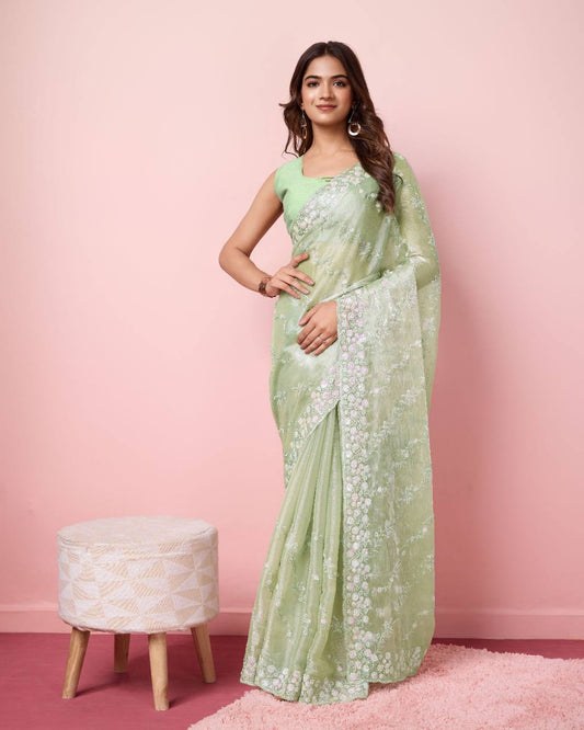 Wonderful Designer Soft Burberry Silk Sequence Embroidery Work Pista Color Saree.