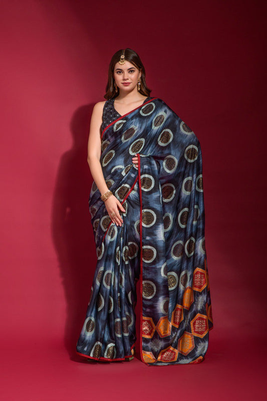 New Party Wear Designer Bandhani Print Georgette Chiffon Black Saree.