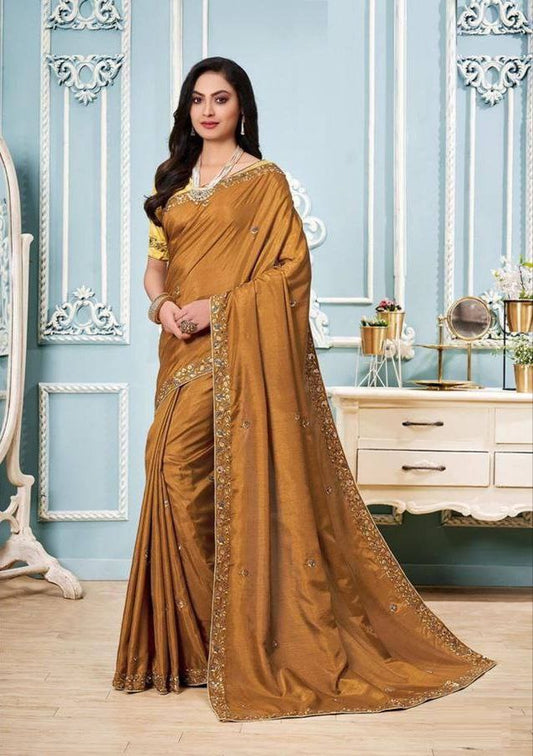 Pretty Premium Vichitra Silk Beautiful Mustard saree.