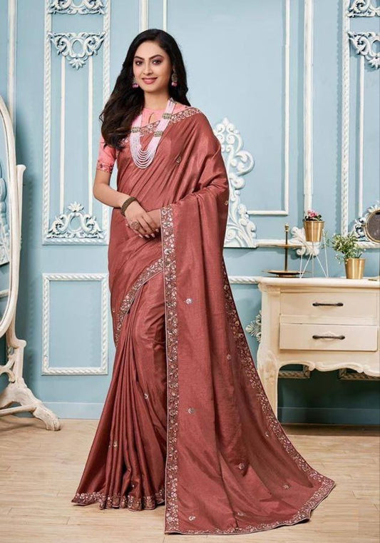Amazing Pretty Look Orange Colour Vichitra Silk saree.