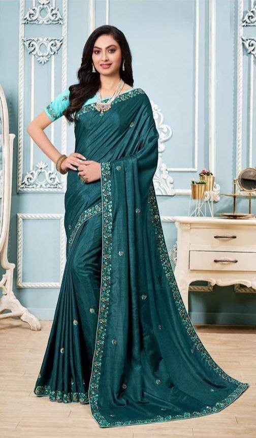Wedding Wear Special Vichitra Silk Embroidery Thread Work Saree.