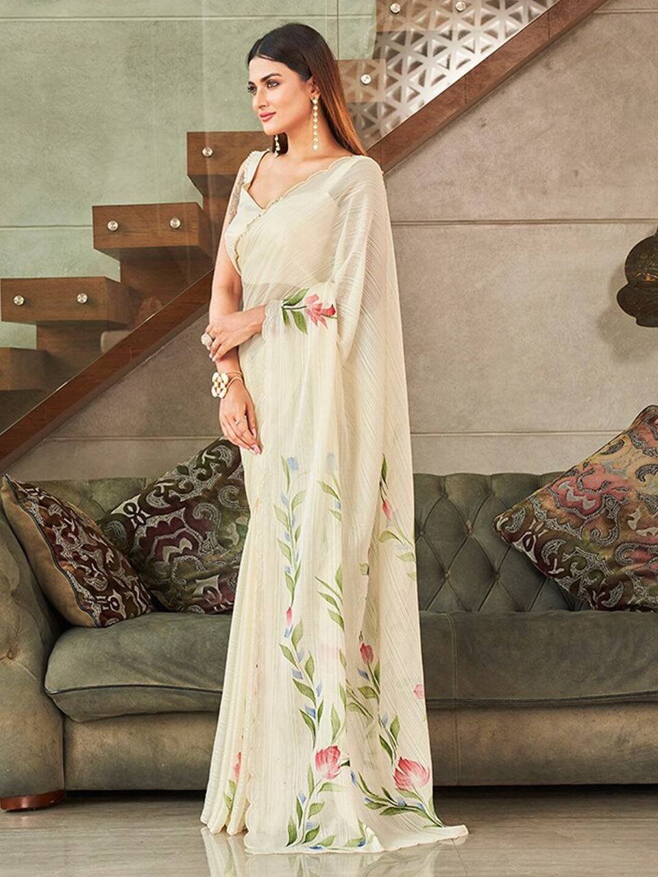 Preety Wedding Wear Special Moss Chiffon Hand Printed Saree.