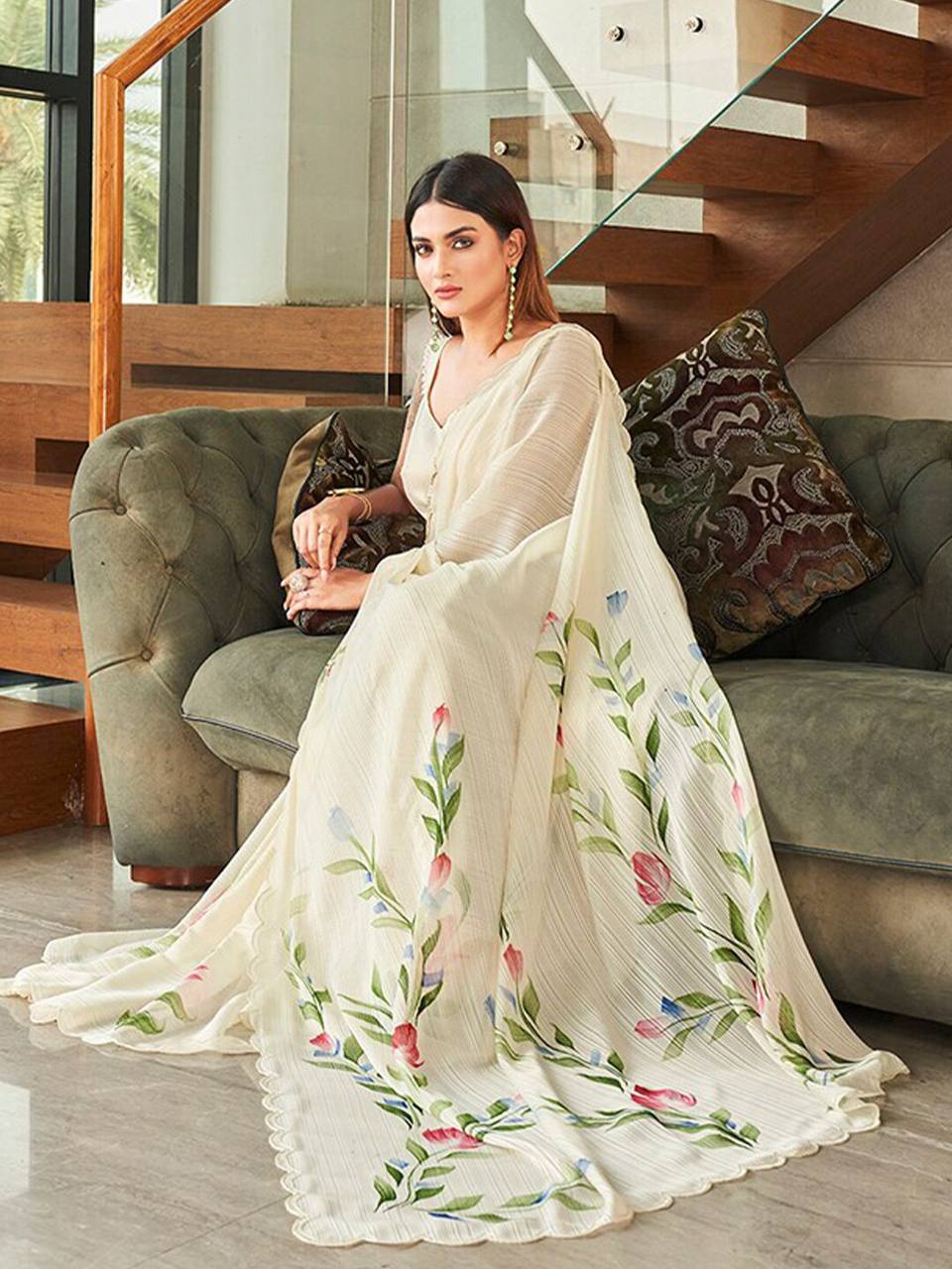 Preety Wedding Wear Special Moss Chiffon Hand Printed Saree.
