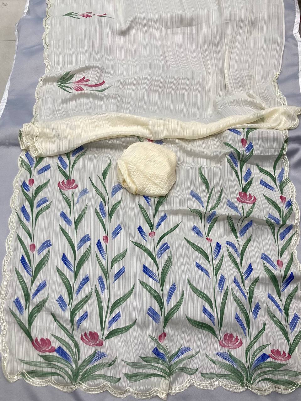 Preety Wedding Wear Special Moss Chiffon Hand Printed Saree.