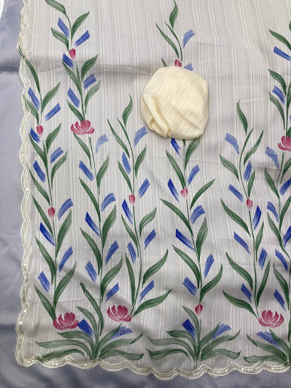 Preety Wedding Wear Special Moss Chiffon Hand Printed Saree.