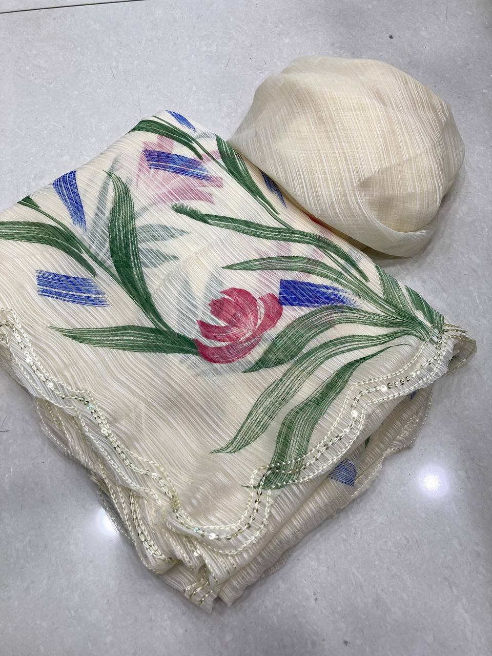 Preety Wedding Wear Special Moss Chiffon Hand Printed Saree.