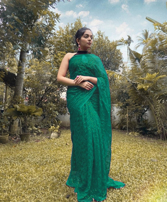 Party Wear Special Green Colour Sequence Work Georgette Saree.