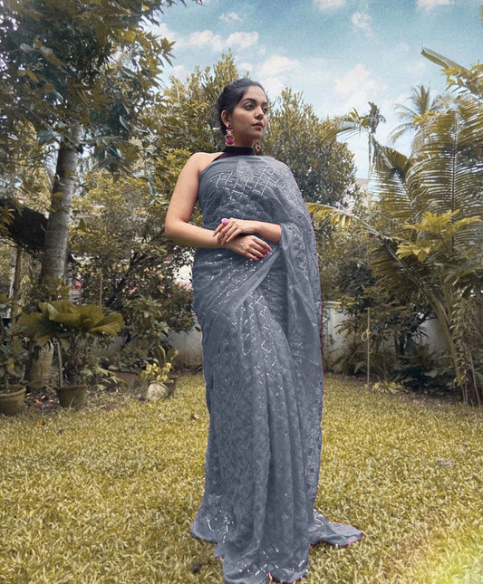 Occasions Wear Special Grey Colour Sequence Work Georgette Saree.