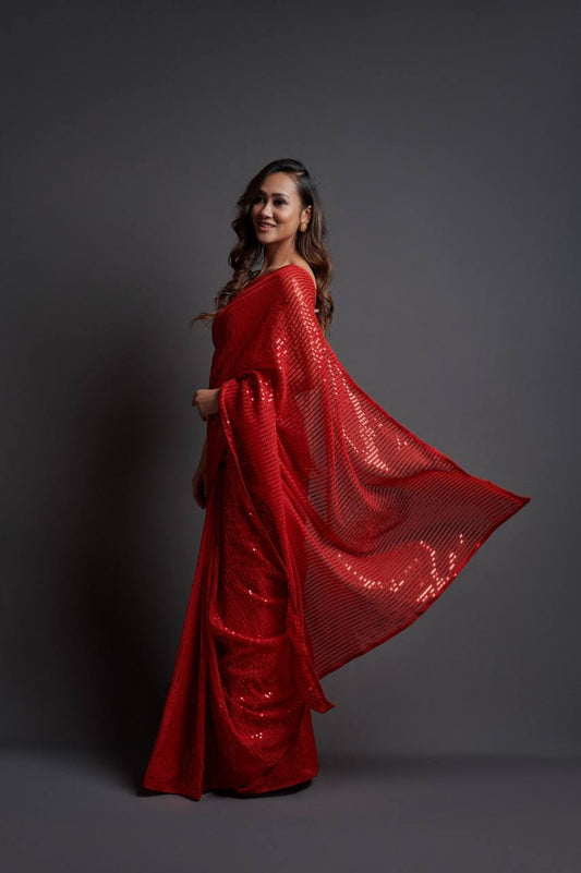 Preety Sequence Party Wear Red Saree Collection.