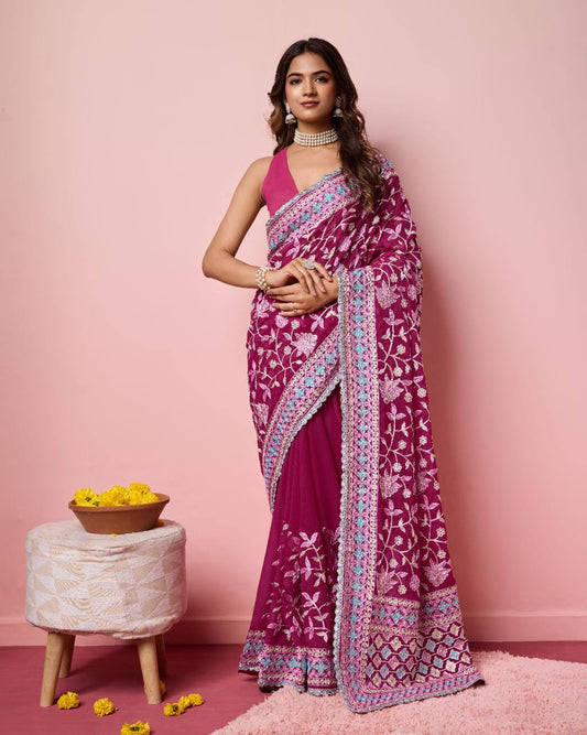 Weddings Wear Special Kashmiri Embroidery Work Georgette Saree.