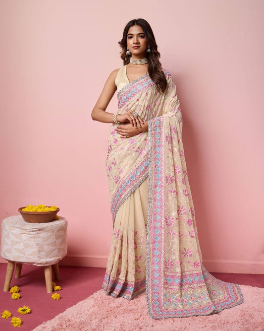 Pretty Premium Georgette Kashmiri Embroidery Work Saree Collection.