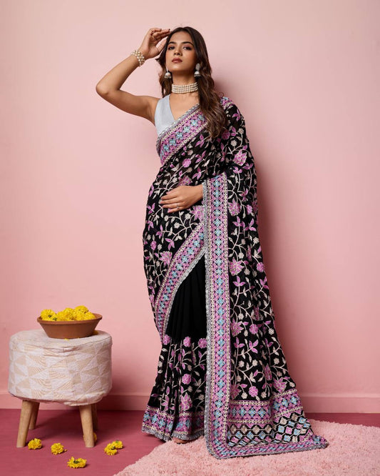 Party Wear Special Black Color Heavy Georgette Saree.