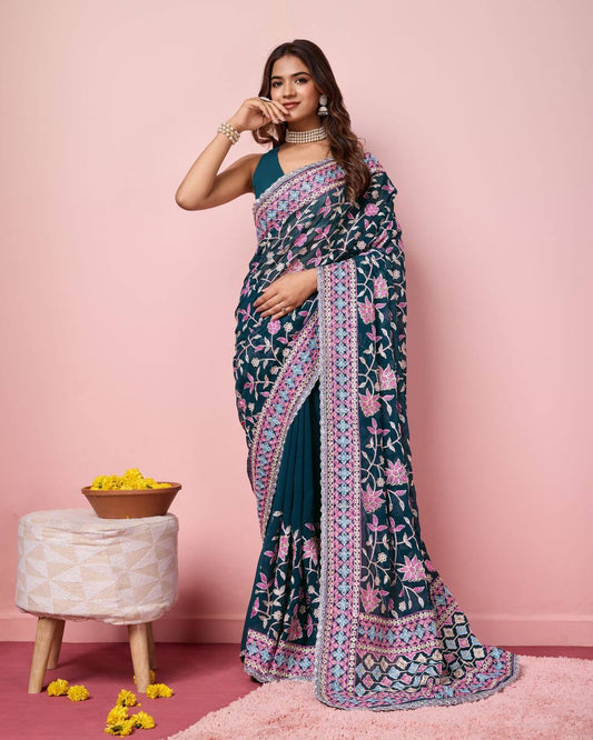 Trendy Designer Heavy Georgette Kashmiri Embroidery Work Saree.