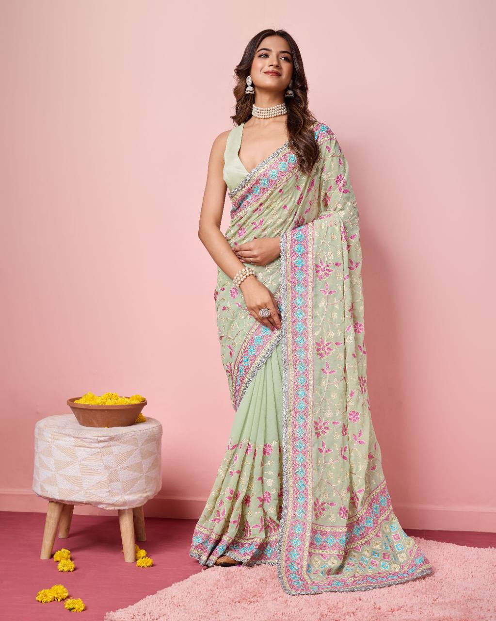 Pista Color Occasions Wear Special Georgette Saree Collection.