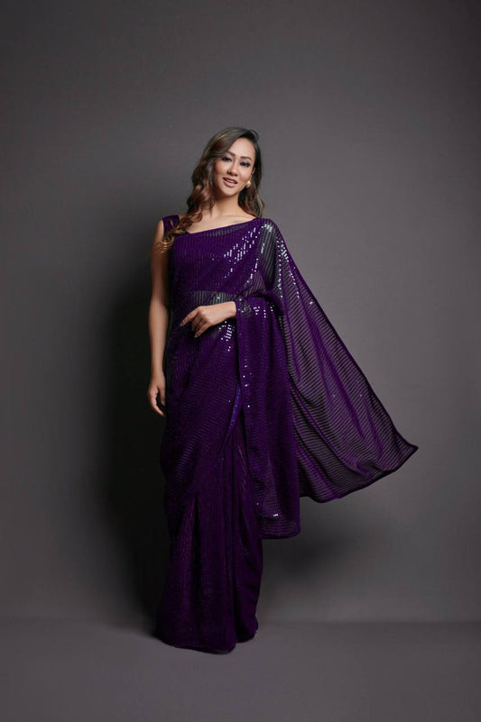 New Look Sequence Party Wear Purple Saree Collection.