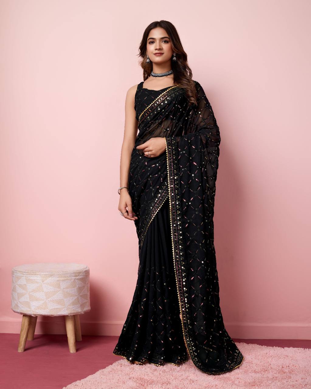 Pretty Party Wear Georgette Black Saree.