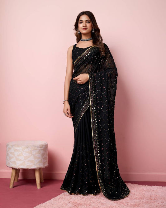 Pretty Party Wear Georgette Black Saree.
