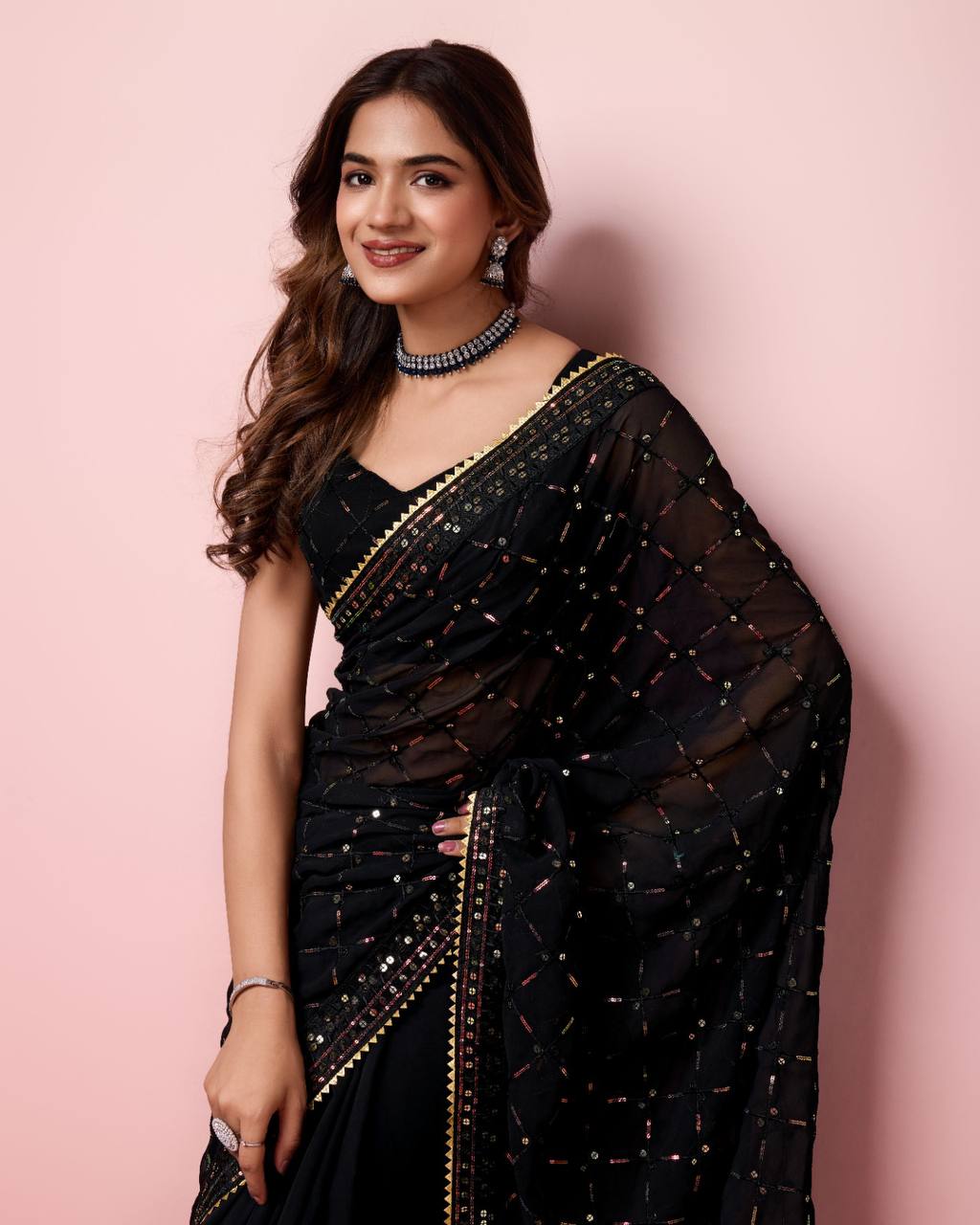 Pretty Party Wear Georgette Black Saree.