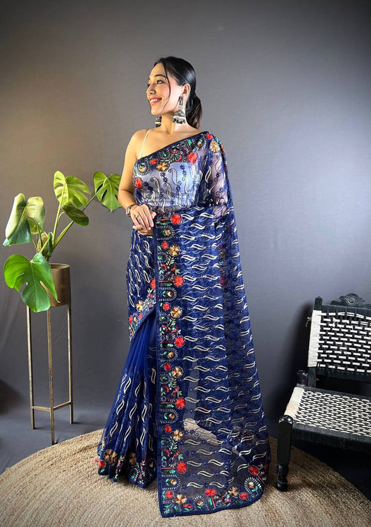 Party Wear Blue Heavy Butterfly Soft Net Saree Collection.