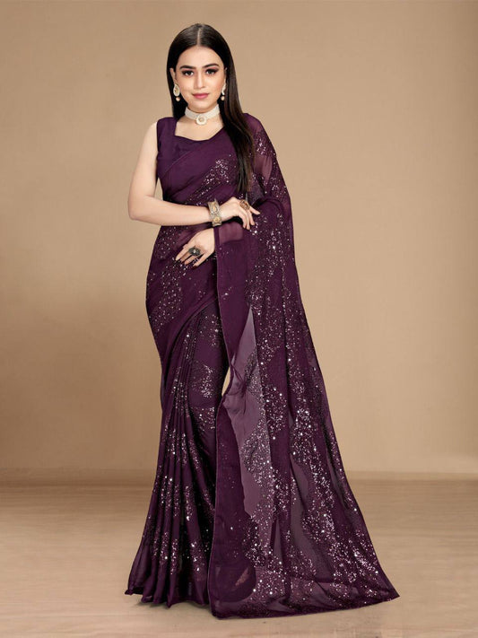 Party Wear Special Designer Premium Heavy Georgette Wine Color Saree.