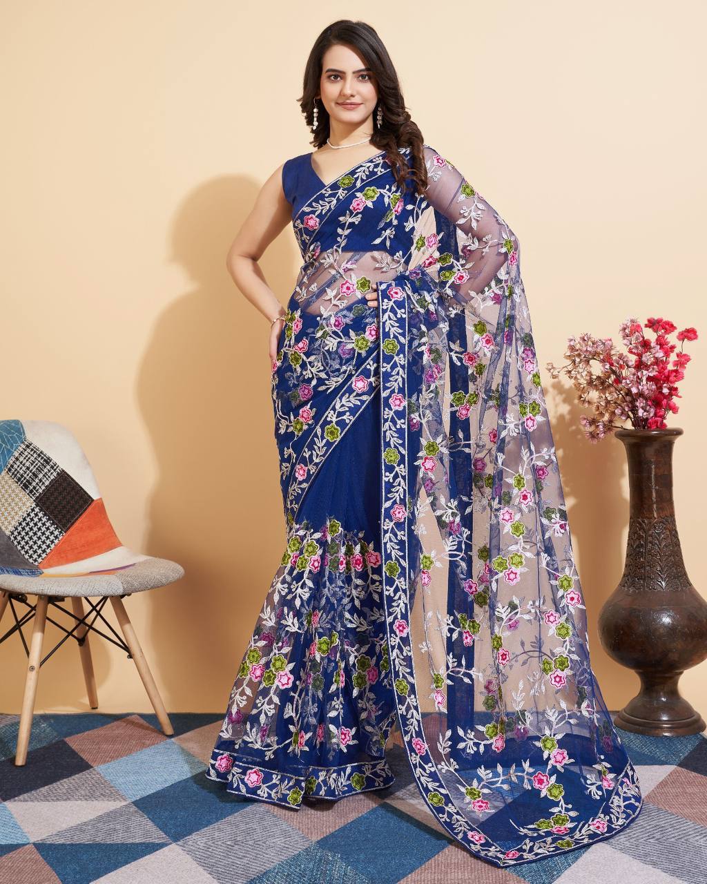 New Designer Party Wear Soft Net Blue Saree.