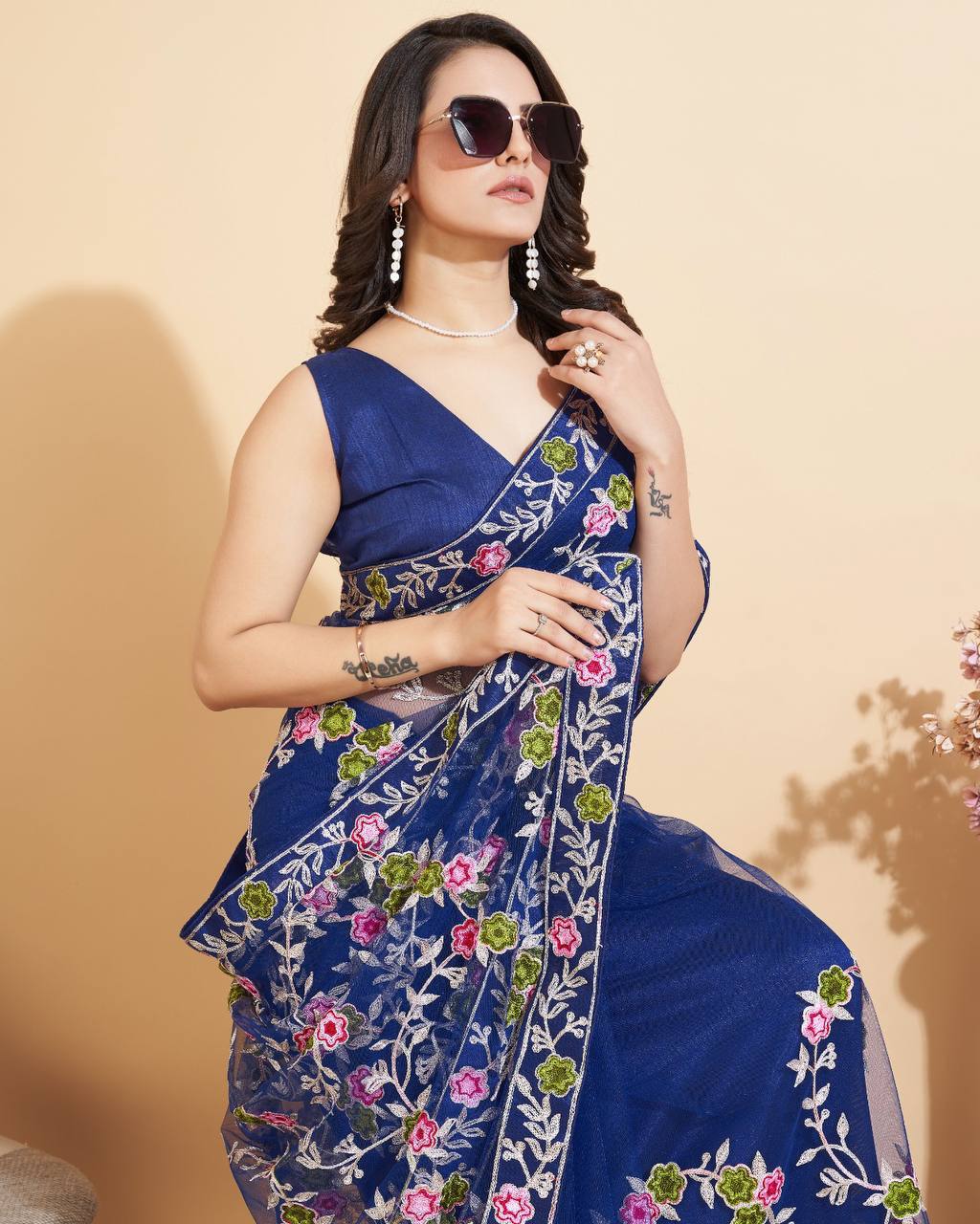 New Designer Party Wear Soft Net Blue Saree.