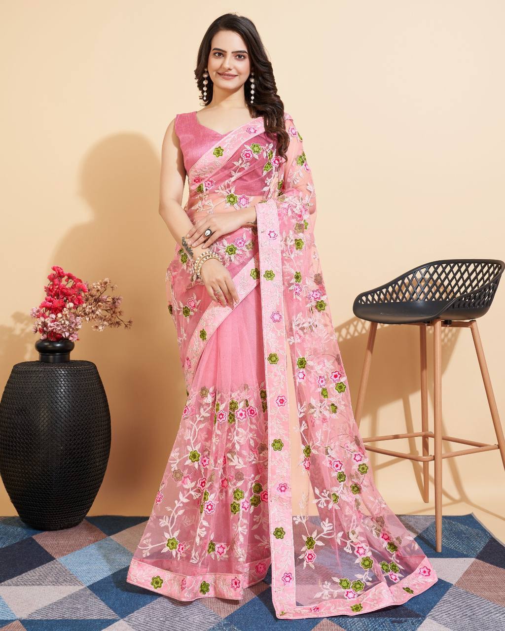 Impressive Look Premium Heavy Soft Net Pink Saree.