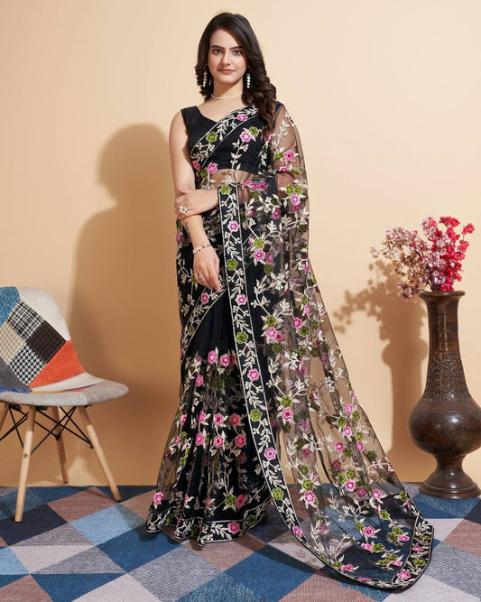 Party Wear & Functions Wear Special New Premium Heavy Soft Net Black Saree.