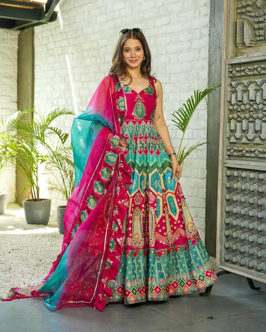 Multi Colored New Embroidery Work Gown With Pent With Dupatta.