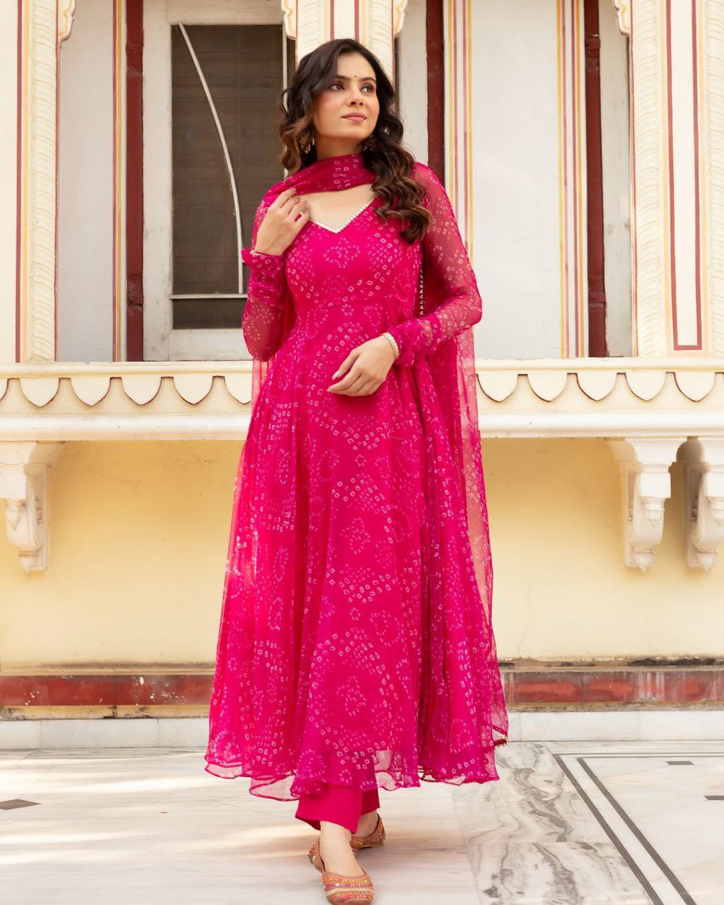 Latest Trending Pretty Pink Bandhni Anarkali Outfit.