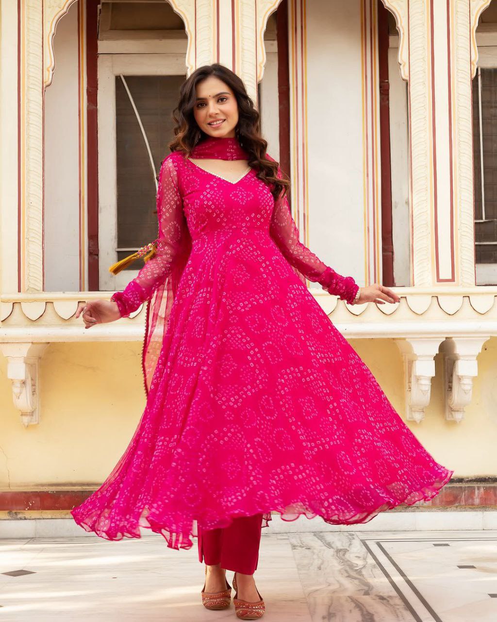 Latest Trending Pretty Pink Bandhni Anarkali Outfit.