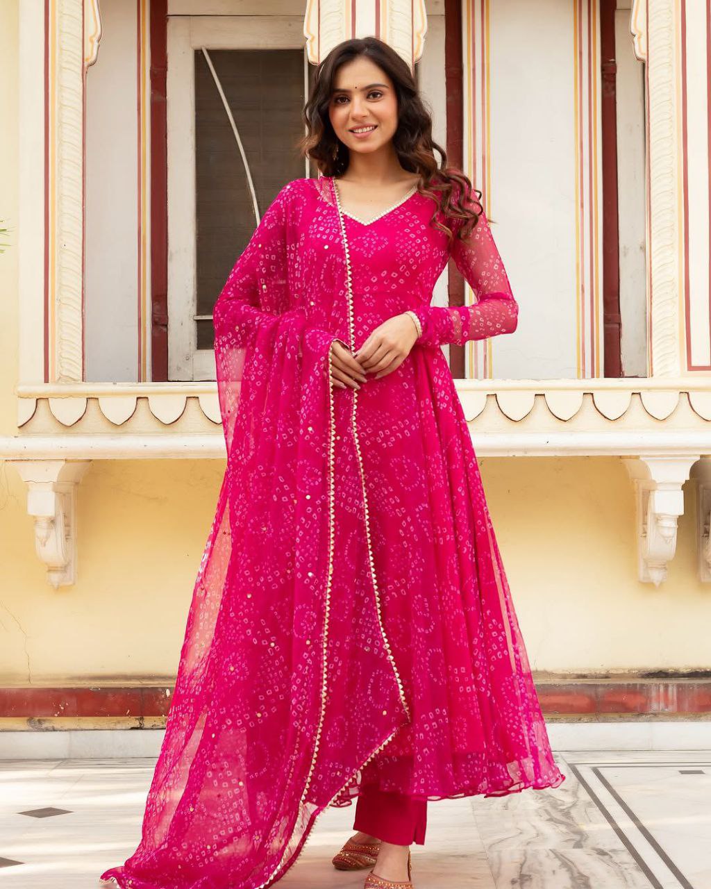 Latest Trending Pretty Pink Bandhni Anarkali Outfit.