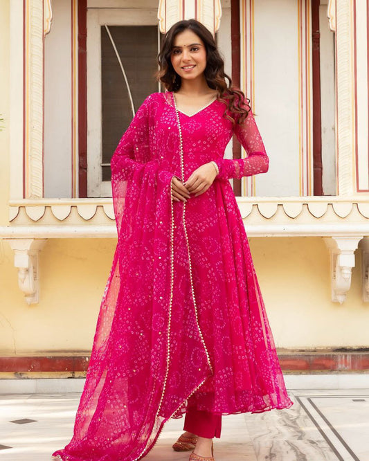 Latest Trending Pretty Pink Bandhni Anarkali Outfit.