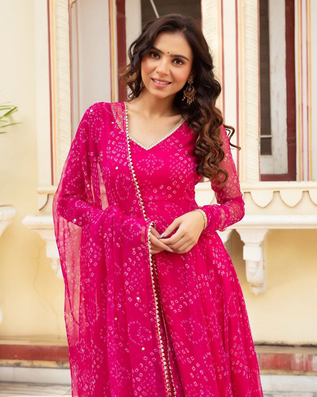 Latest Trending Pretty Pink Bandhni Anarkali Outfit.