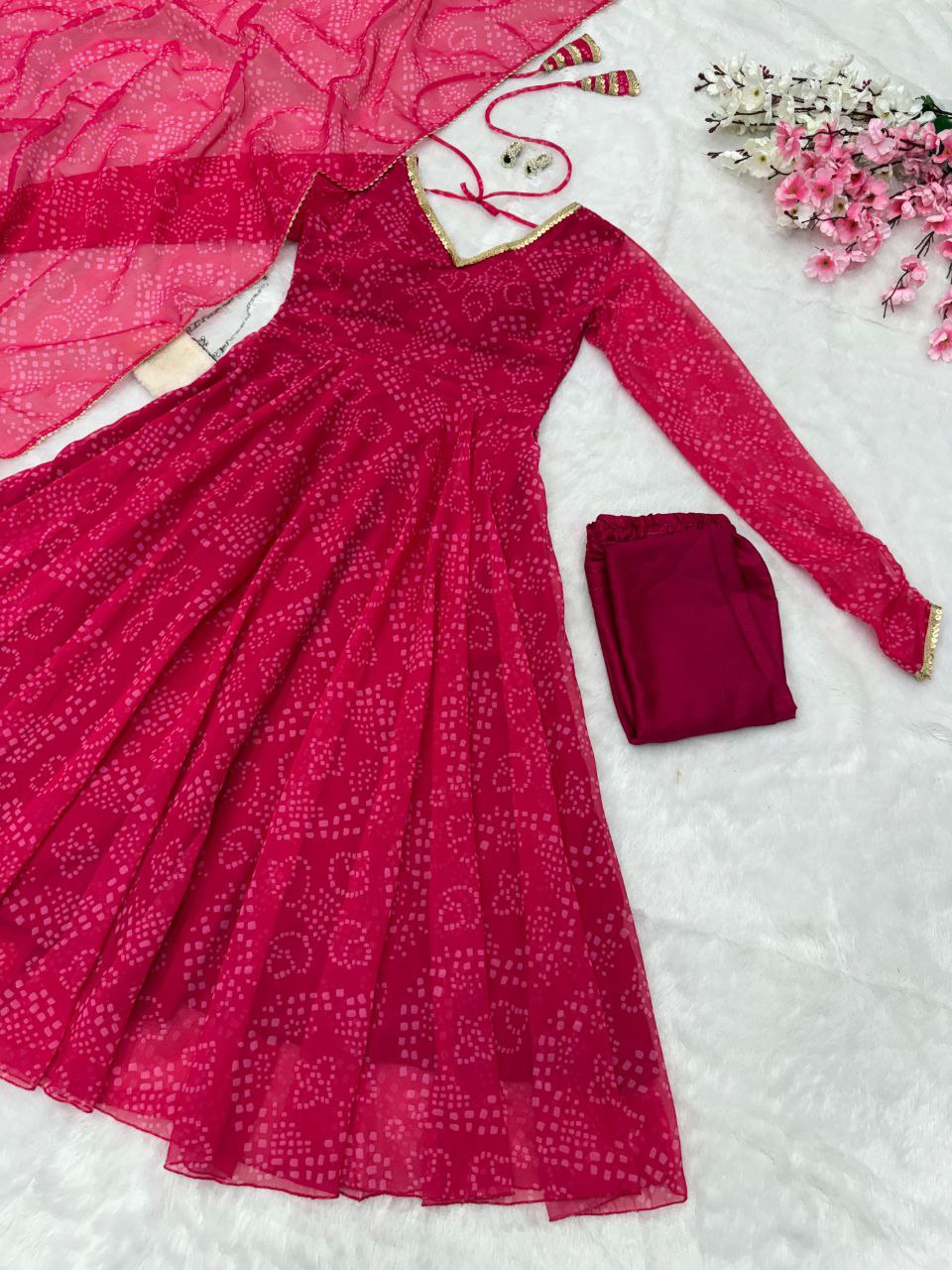 Latest Trending Pretty Pink Bandhni Anarkali Outfit.