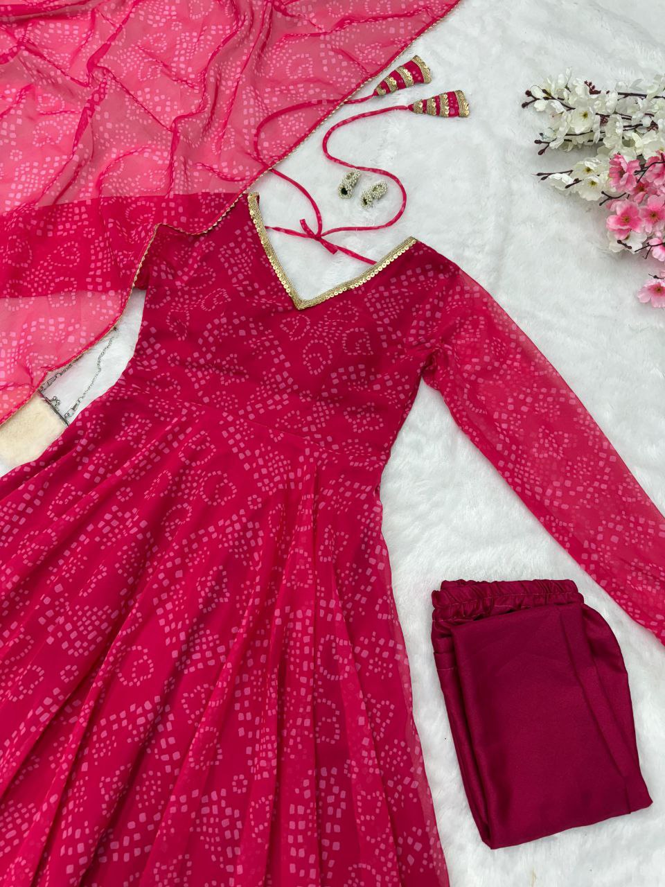 Latest Trending Pretty Pink Bandhni Anarkali Outfit.