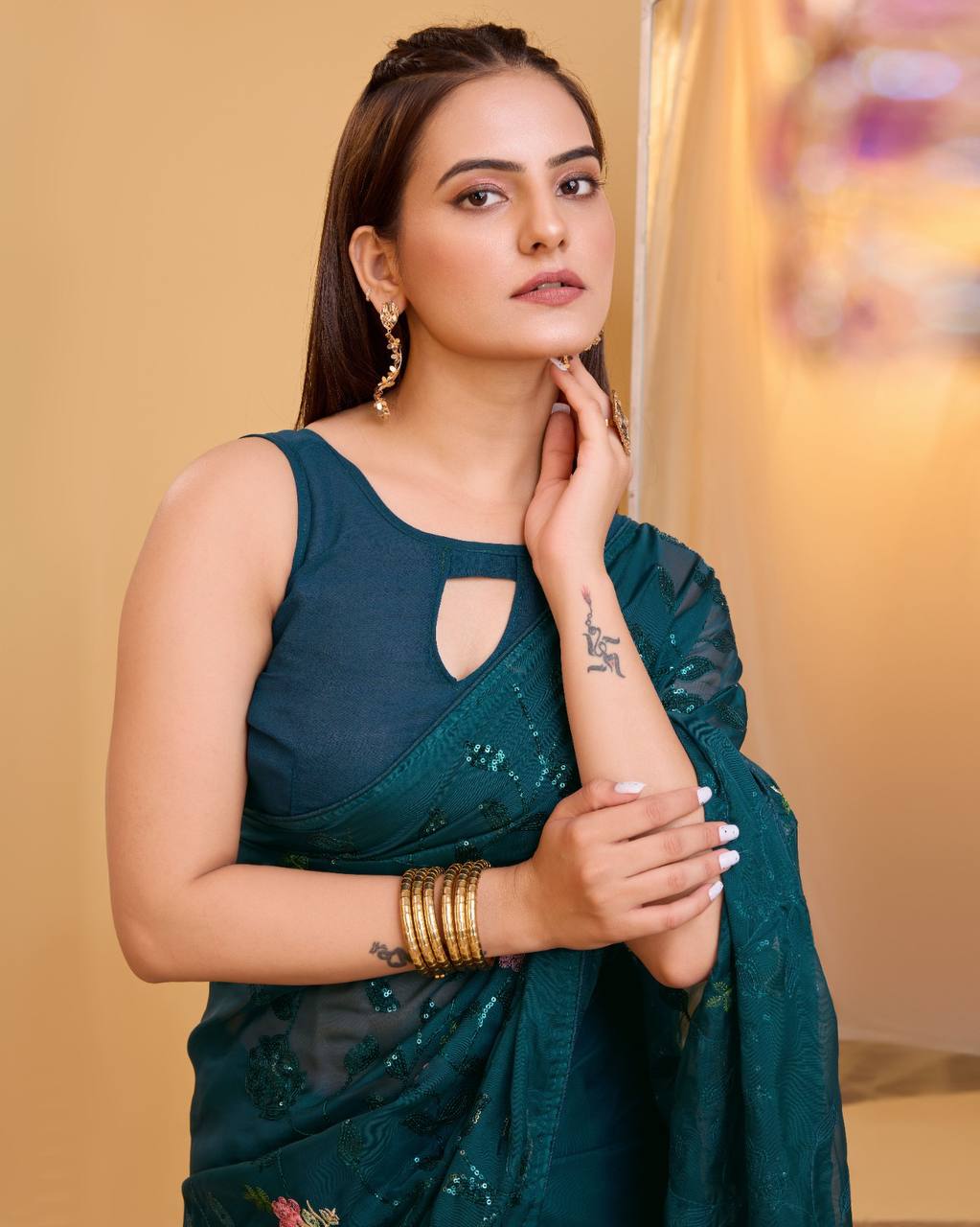 New Designer Premium Tibby Organza Blue Saree.