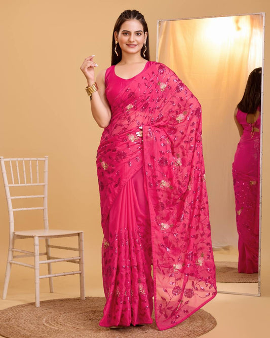 Occasions Wear Special Premium Tibby Organza Silk Pink Saree.
