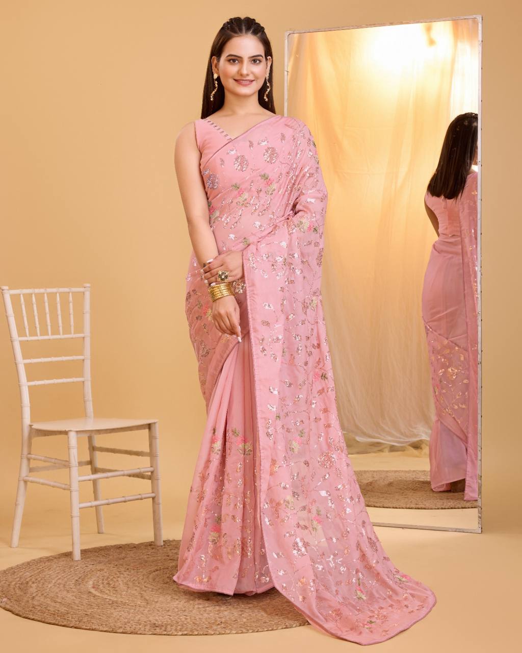 Receptions Wear Special Premium Tibby Organza Silk Light Pink Saree.
